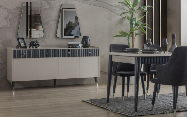 Kompletní sestava designérského bezového bufetu se skříňkou a 2 zrcadly, 3dílná sada.