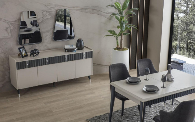 Kompletní sestava designérského bezového bufetu se skříňkou a 2 zrcadly, 3dílná sada.