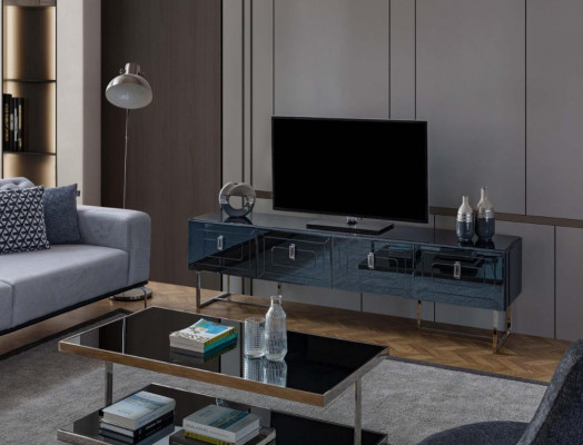 Šedý nízký stolek Exkluzivní RTV-Board Obývací pokoj Skleněná skříň se 4 dveřmi