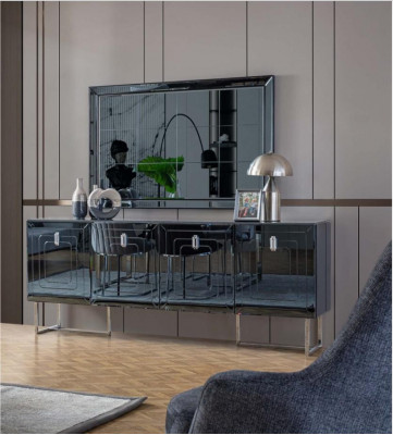 Šedý nábytek do jídelny skleněné zrcadlo designová nerezová antréna luxusní sada