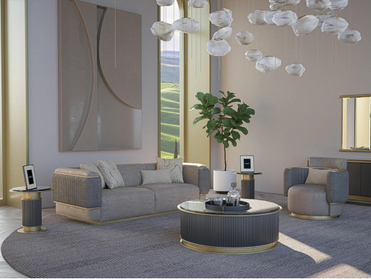 Obývací pokoj Kompletní 2 ks Třísedák Pohovka Čalouněný nábytek Křeslo Moderní design