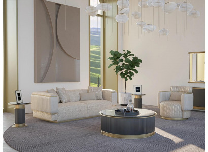 Obývací pokoj Set 2 díly Pohovka Kompletní Design Třísedák Nový Křeslo Sedací souprava