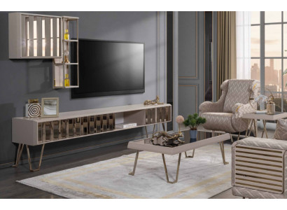 Stojan na televizi RTV, police na zeď, konferenční stůl Beige kov moderní obývací pokoj set 3 kusy