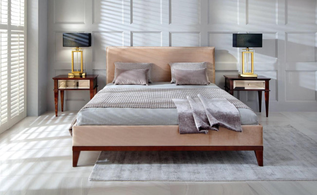 Modern Braun-beige Schlafzimmer Luxus Bett Holz Doppelbett Neu
