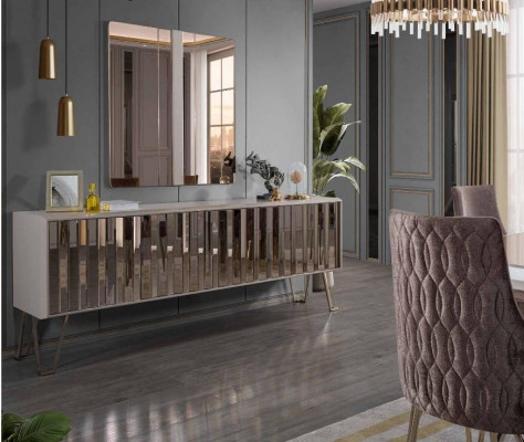Luxus Sideboard s komodou v moderním nábytkovém designu a zrcadlem, elegantní barva béžová, nový set.