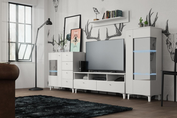 Obývací pokoj set Vitrína Komoda Nástěnná police Obývací stěny Design Skříň 4 díly.