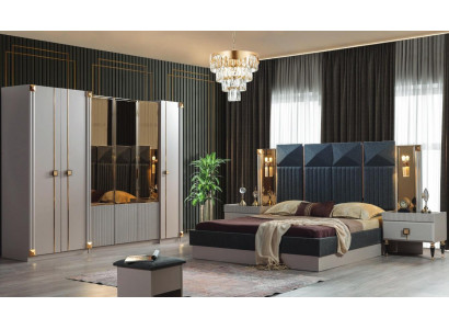 Luxusní ložnice Nábytek Polstrovaná manželská postel Dřevěné noční stolky Skříň