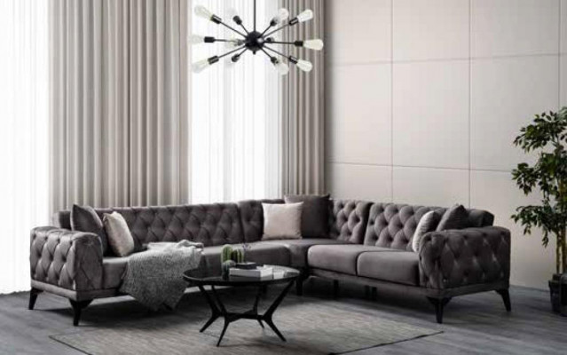 Moderní šedá látka rohová sedací souprava L tvaru luxusní nová do obývacího pokoje