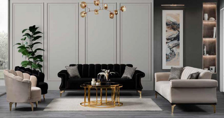 Čalouněná luxusní pohovka pro 3 osoby v moderním černém designu. Nový.