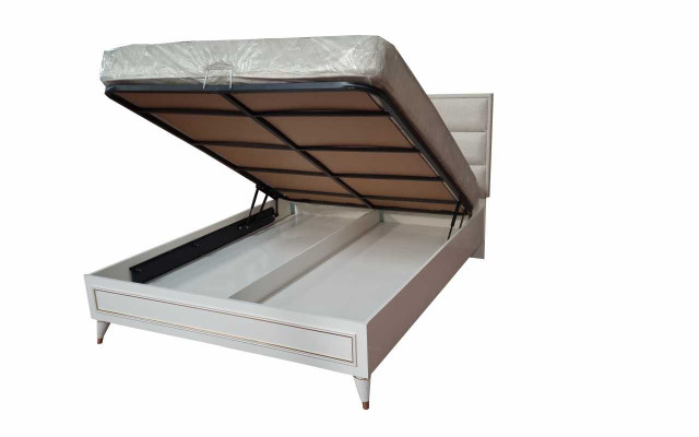 Bílá ložnice sestava - polstrovaná manželská postel, 2x dřevěné noční stolky, 3 díly