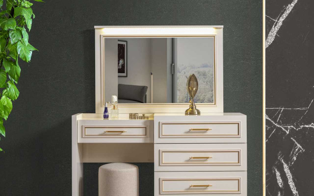Noble Bedroom Furniture White Dressing Table Mirror Upholstered Stool 3-Piece