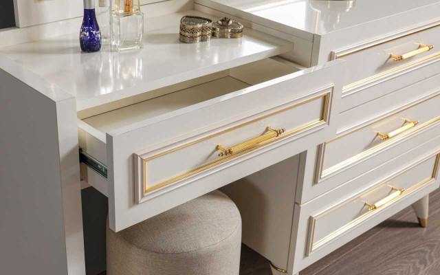 Noble Bedroom Furniture White Dressing Table Mirror Upholstered Stool 3-Piece