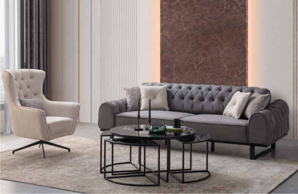 Šedý třímístný pohovor Chesterfield Luxusní křeslo bílé židle 2 díly setzen