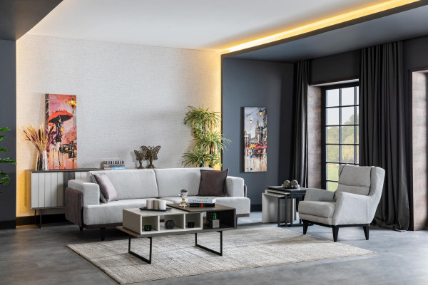 Obývací pokoj Pohovka 3místná šedá Design Luxusní čalouněný nábytek Elegantní.