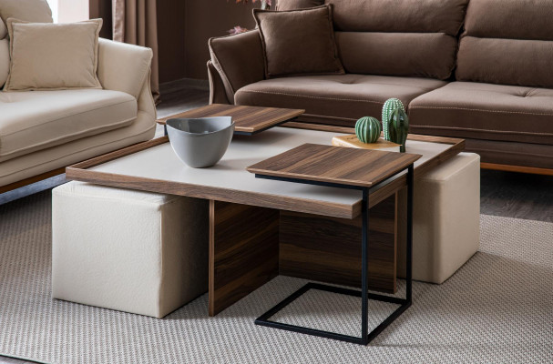 Multifunkční stůl do obývacího pokoje, designový luxusní nábytek, moderní styl, hnědý.