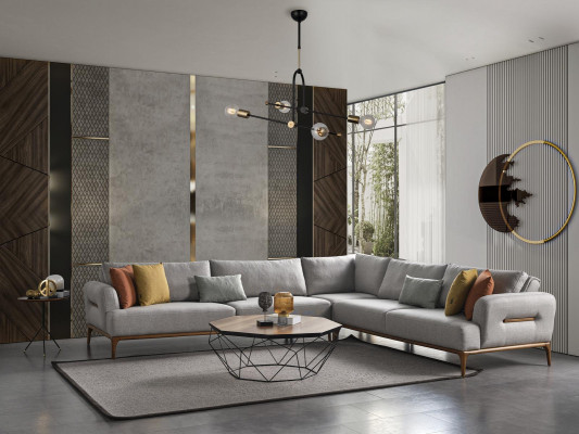 Rohová sedací souprava L tvaru pro obývací pokoj, nový moderní šedý design