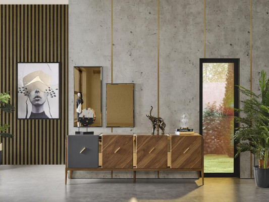 Anrichte 2x Zrcadlo Obývací pokoj Skupina dřevo Design Set 3 ks nové hnědá