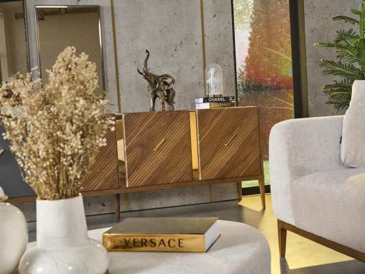 Anrichte 2x Zrcadlo Obývací pokoj Skupina dřevo Design Set 3 ks nové hnědá