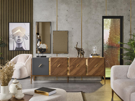Anrichte 2x Zrcadlo Obývací pokoj Skupina dřevo Design Set 3 ks nové hnědá