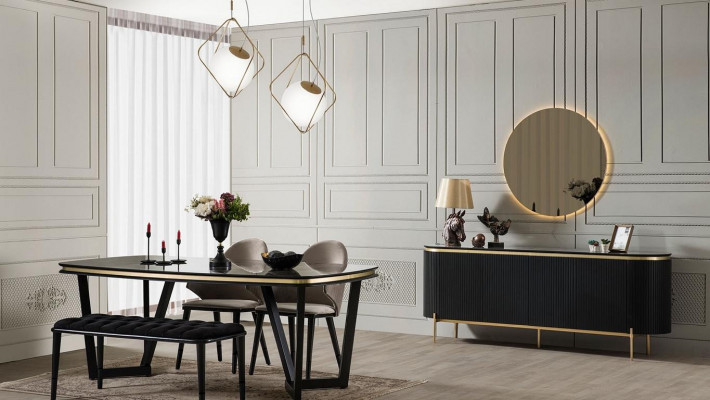 Moderní 8dílná jídelní sestava jídelní stůl 4x židle komoda zrcadlo lavice nová