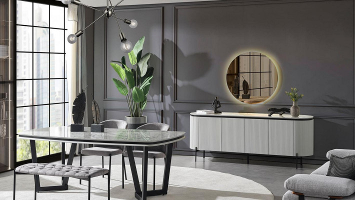 Moderní jídelní set sestává z jídelního stolu, 4 židlí a komody se zrcadlem.