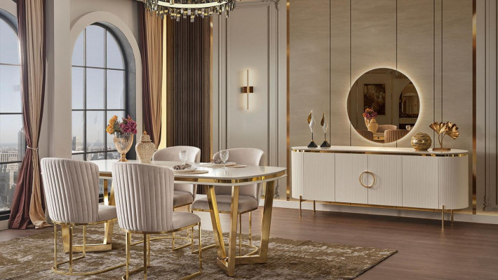 Sada do jídelny se skládá z designového jídelního stolu, 4 židlí a příborníku, celkem 7 kusů.