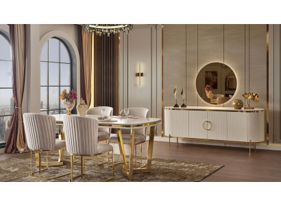 Sada do jídelny se skládá z designového jídelního stolu, 4 židlí a příborníku, celkem 7 kusů.