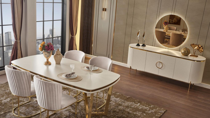 Sada do jídelny se skládá z designového jídelního stolu, 4 židlí a příborníku, celkem 7 kusů.