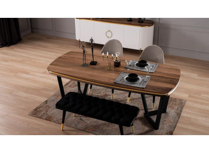 Jídelní set se skládá z jídelního stolu + 4 židlí a lavice v hnědé barvě, 6 kusů.