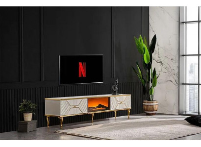 Luxusní televizní stolek s rámem bílozlaté barvy z MDF a kovu Bílý