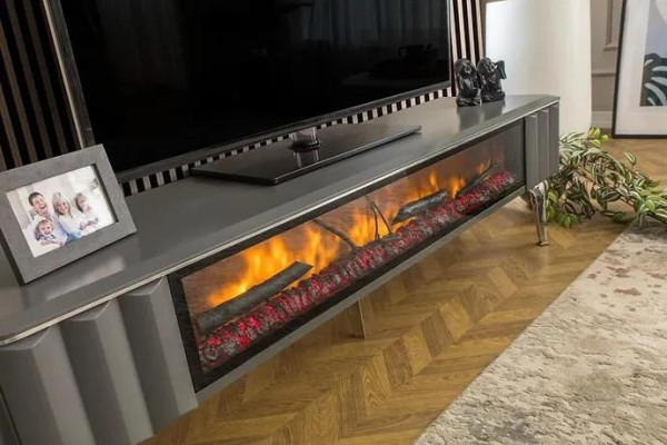Kvalitní TV stojan s krbem MDF kov šedá barva nová obývací pokoj