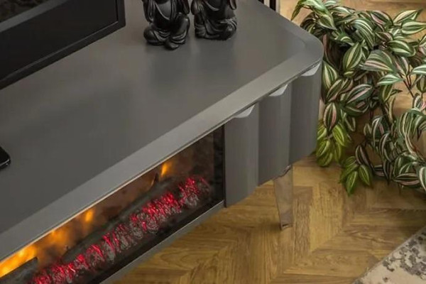Kvalitní TV stojan s krbem MDF kov šedá barva nová obývací pokoj