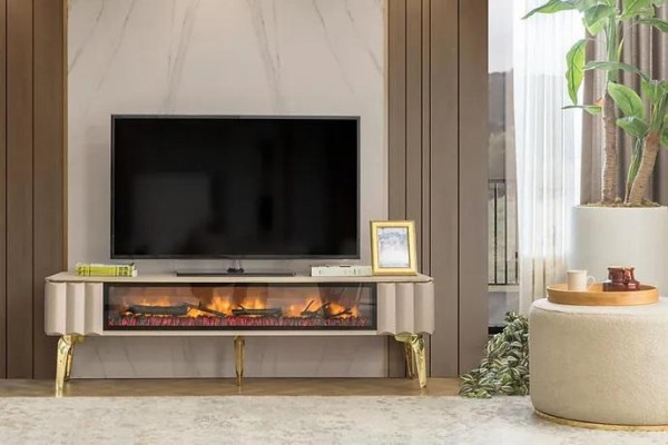 Sideboard RTV Obývací Pokoj Luxusní Nábytek Krbové Kamna Beige MDF Kovový Stůl