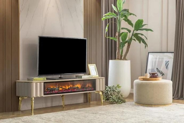 Sideboard RTV Obývací Pokoj Luxusní Nábytek Krbové Kamna Beige MDF Kovový Stůl