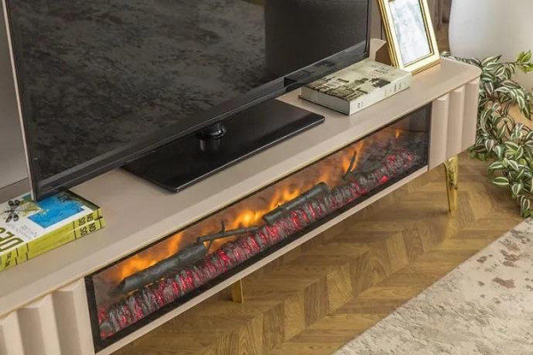 Sideboard RTV Obývací Pokoj Luxusní Nábytek Krbové Kamna Beige MDF Kovový Stůl