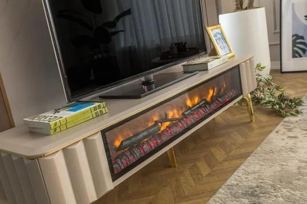 Sideboard RTV Obývací Pokoj Luxusní Nábytek Krbové Kamna Beige MDF Kovový Stůl