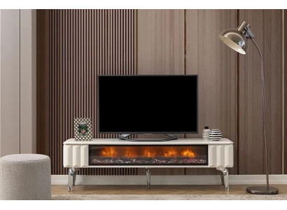 TV-Lowboard bílá dřevotříska kovové luxusní nábytek s krbem do obývacího pokoje nový.