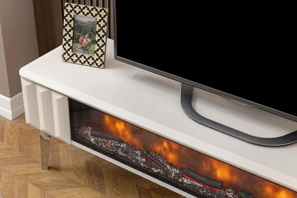 TV-Lowboard bílá dřevotříska kovové luxusní nábytek s krbem do obývacího pokoje nový.