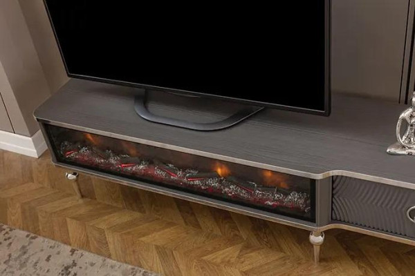 TV-skríň s krbom, kov, drevo, MDF doska, luxusný nábytok, nové, biela, RTV.
