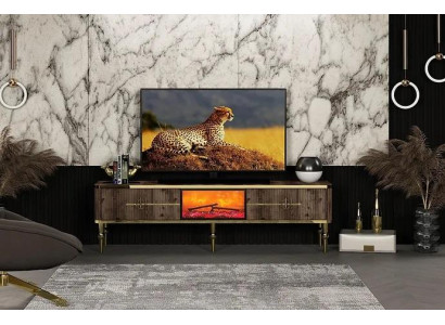 TV-Stojan do obývacího pokoje Luxusní tmavě hnědý MDF + zlato kov nový