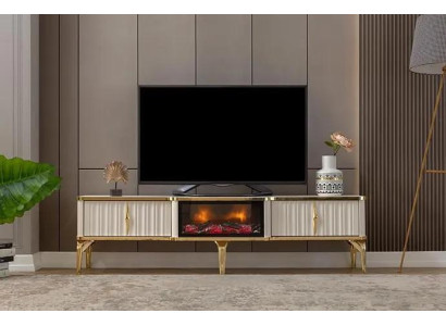 Wohnzimmer TV-Lowboard weiß + gold MDF Sideboard Metall RTV Luxus Neu