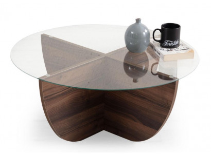 Minimalistický skleněný stůl s dřevěnými X-nohami, moderní styl, nový
