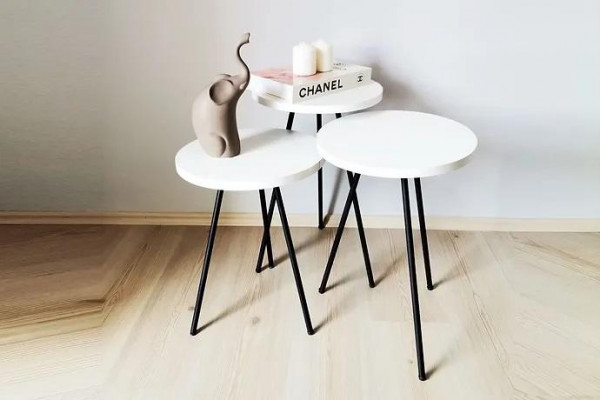 Obývací pokoj stolní stolek set 3x moderní bílý MDF kovové nohy