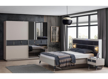 Šedý nábytek do ložnice, designová postel, 2x noční stolky, dřevěná skříň, 4 kusy