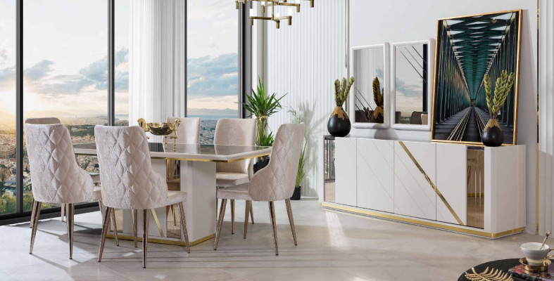 Bežová nerezová jídelní sestava s designovým jídelním stolem x6 židlí a komodou.