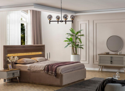 Beige ložnice Luxus nábytek Designer manželská postel 2x noční stolky 5 kusů