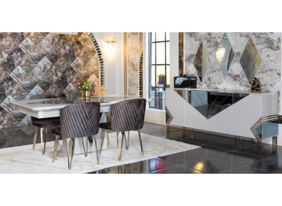Luxusní jídelní set Designový jídelní stůl x4 židle Komoda Zrcadlo