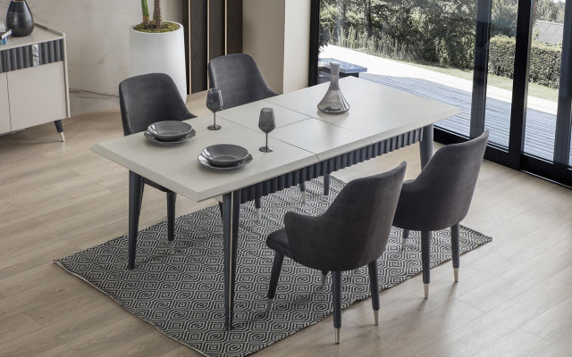 Návrhářský obdélníkový bílý jídelní stůl 6x šedé polstrované židle 7dílná sada