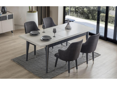 Návrhářský obdélníkový bílý jídelní stůl 6x šedé polstrované židle 7dílná sada