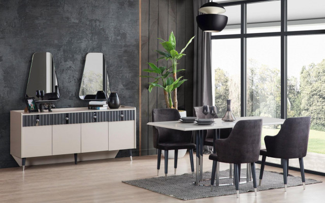 Návrhářský obdélníkový bílý jídelní stůl 6x šedé polstrované židle 7dílná sada